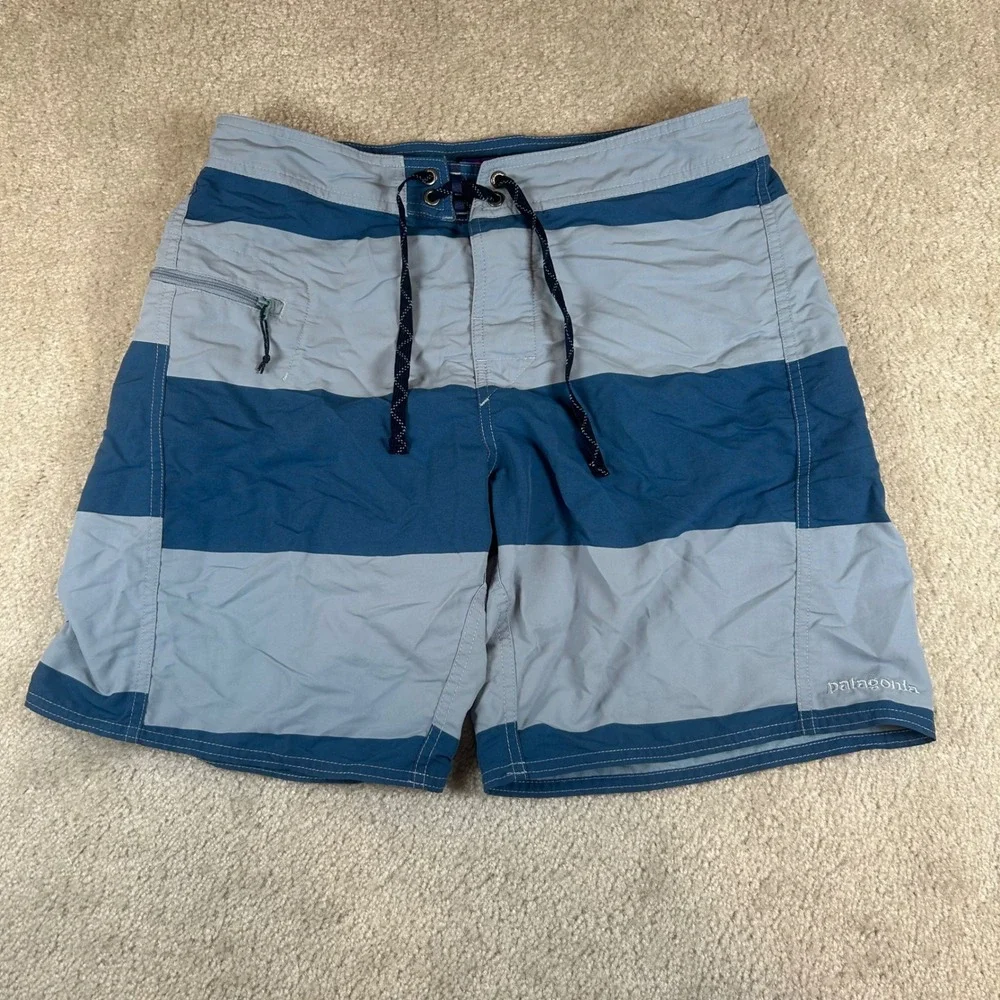Patagonia Board Shorts Mens 30 Blue Striped Nylon Swim Trunks Side Zip Pocket